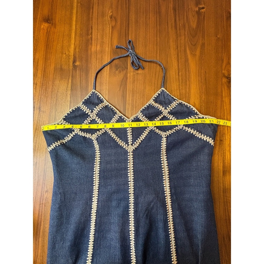 Boho Crochet Ashley Stewart Denim Halter Dress Midi Blue Vintage - Picture 10 of 12